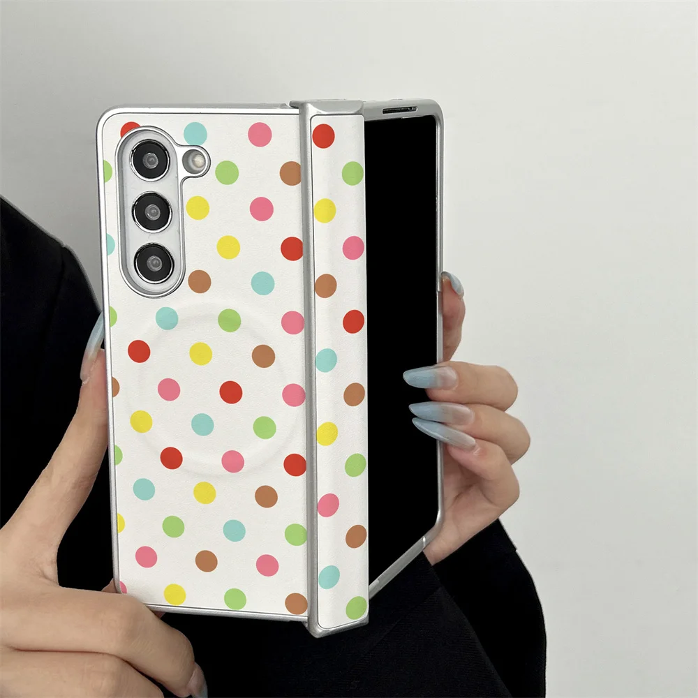 INS fashion colored polka dot leather protective case compatible with Samsung Galaxy Z Fold 7/6/5/4 W26 with magnetic suction fu
