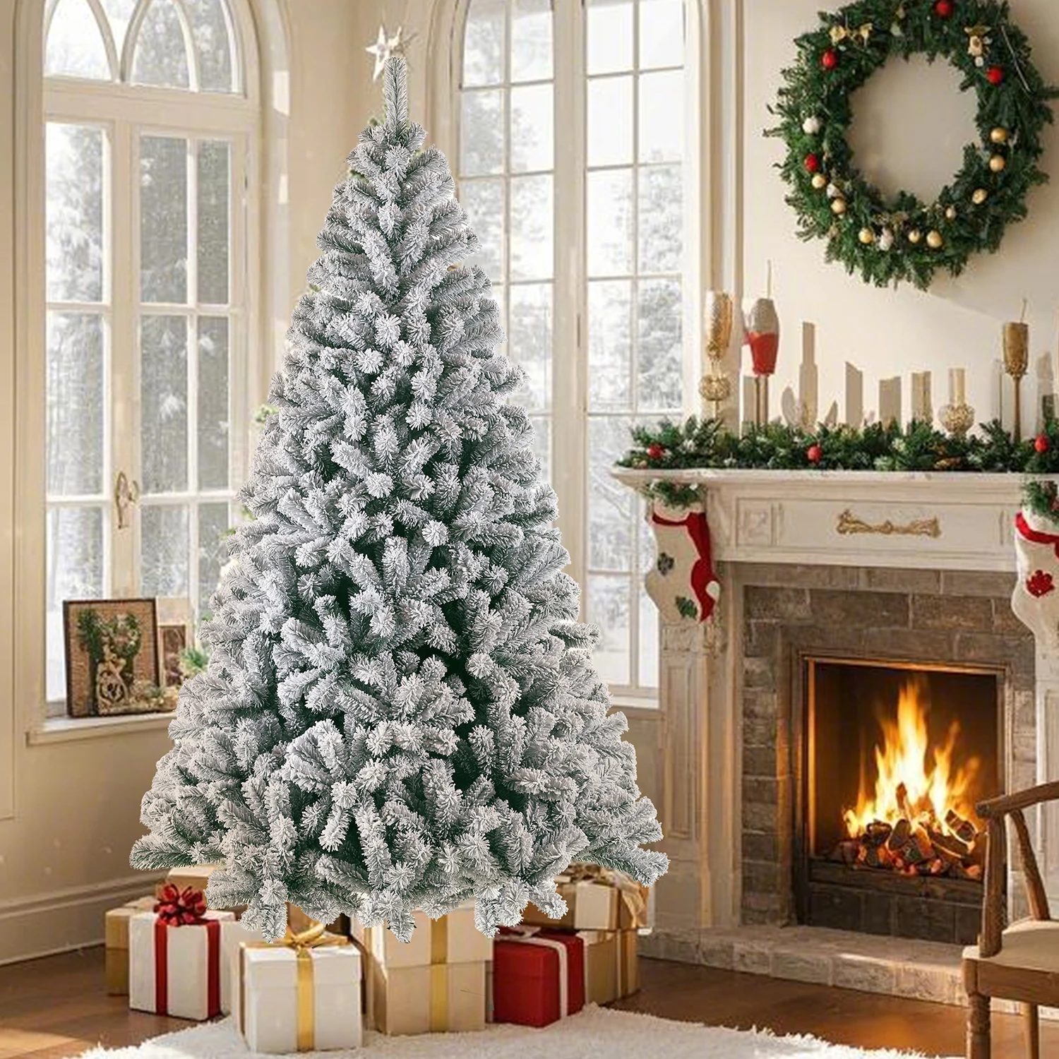 180/210 cm weißer Schnee, künstlicher Weihnachtsbaum aus PVC mit Metallständer, 1006/1298 Spitzen, faltbarer Baum und Party-Dekoration für drinnen und draußen – Detail 8