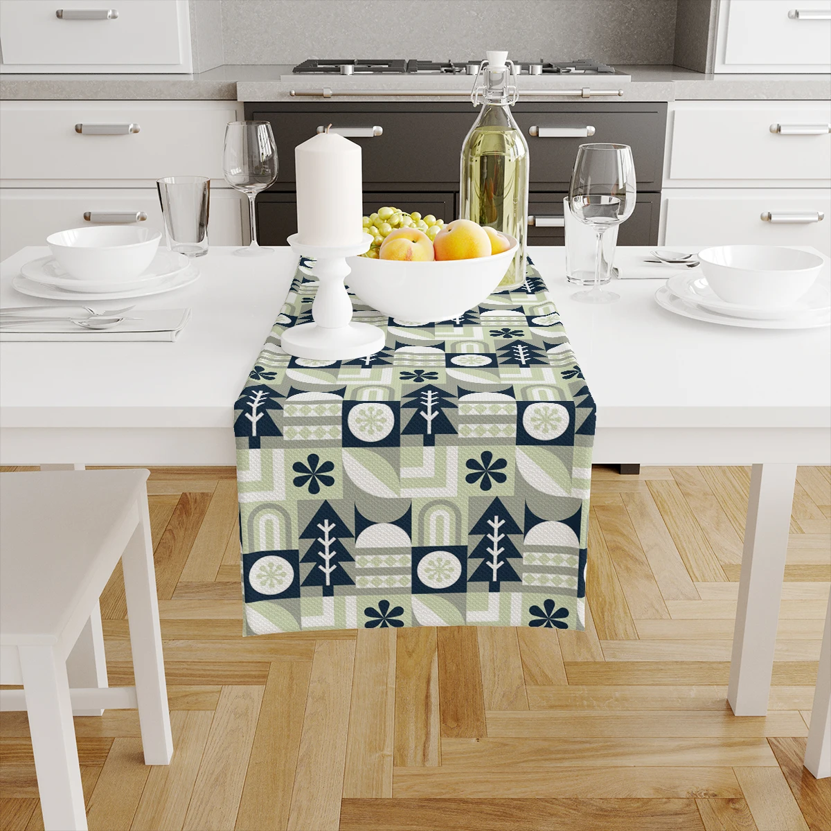 Green Grey Trees Floral Table Runner Holiday Party Decor Reusable Farmhouse Kitchen Dining Table Runner Wedding Decorations