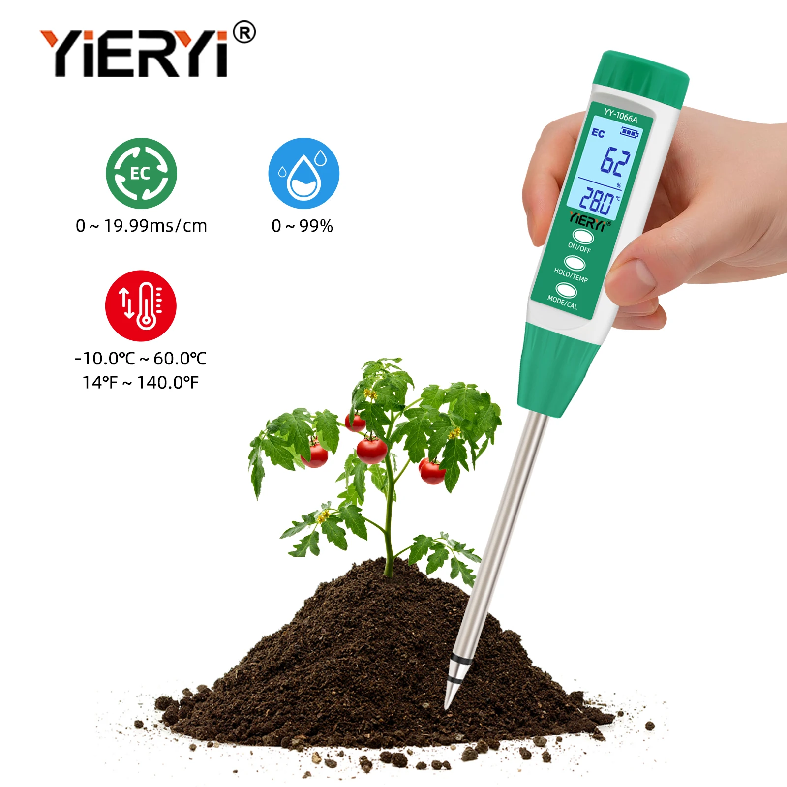 Medidor de conteúdo de água e ec do solo YY-1066A de alta precisão para testes de plantas, jardinagem, agricultura, sensor de ph e umidade