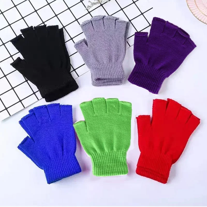 1 paire de gants unisexes noirs demi-doigt sans doigts pour femmes et hommes, tricot en laine, poignet en coton, mitaines de travail chaudes d'hiver