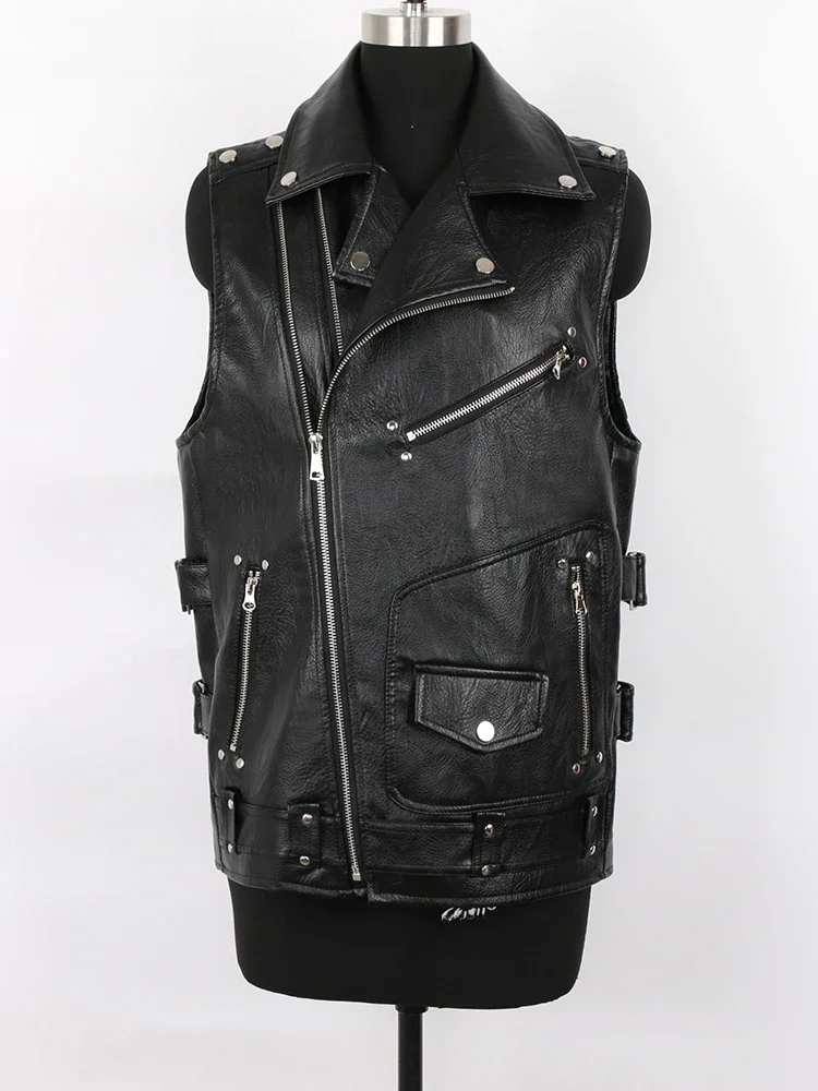Mauroicardi jesień czarny motocykl Pu skórzana kamizelka mężczyźni na zamek błyskawiczny z kieszeniami Plus rozmiar Faux Leather Biker bezrękawnik 4xl 5xl — zdjęcie 2
