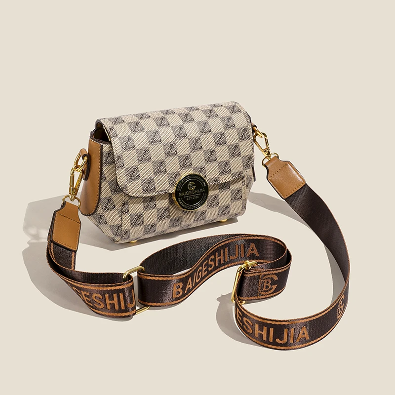 Mini Checkered PU Leather Crossbody Bag Women's Fashion Shoulder Bag with Adjustable Strap and Gold Accents for Daily Use and Tr