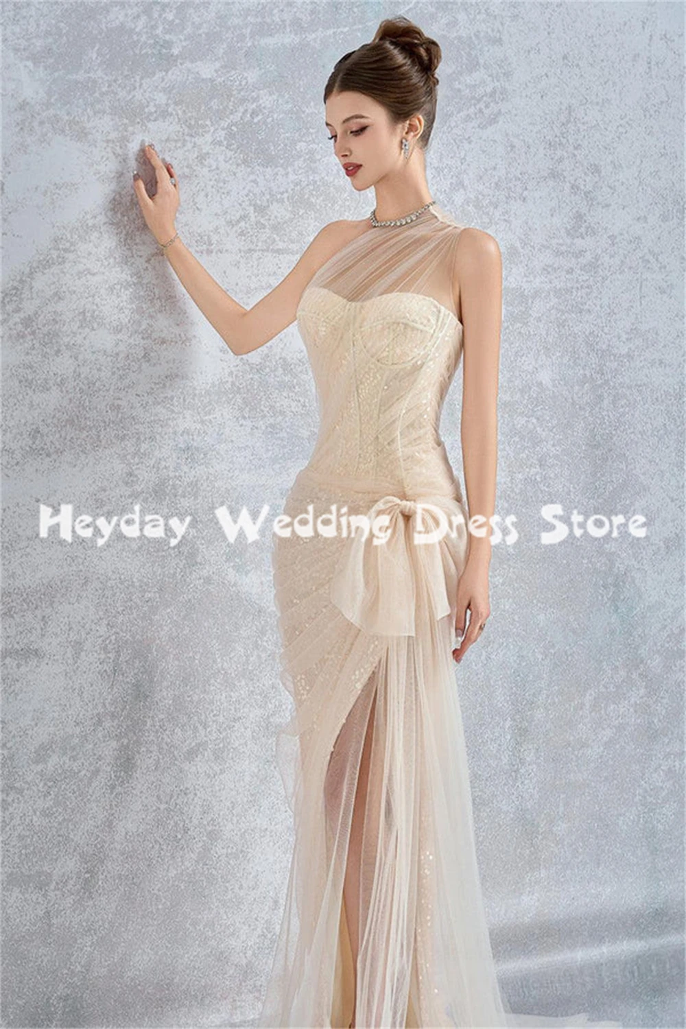 Heyday Abiti da sera senza spalline a sirena scintillante da donna senza maniche con pieghe in tulle Abiti eleganti formali lunghi fino al pavimento 2025