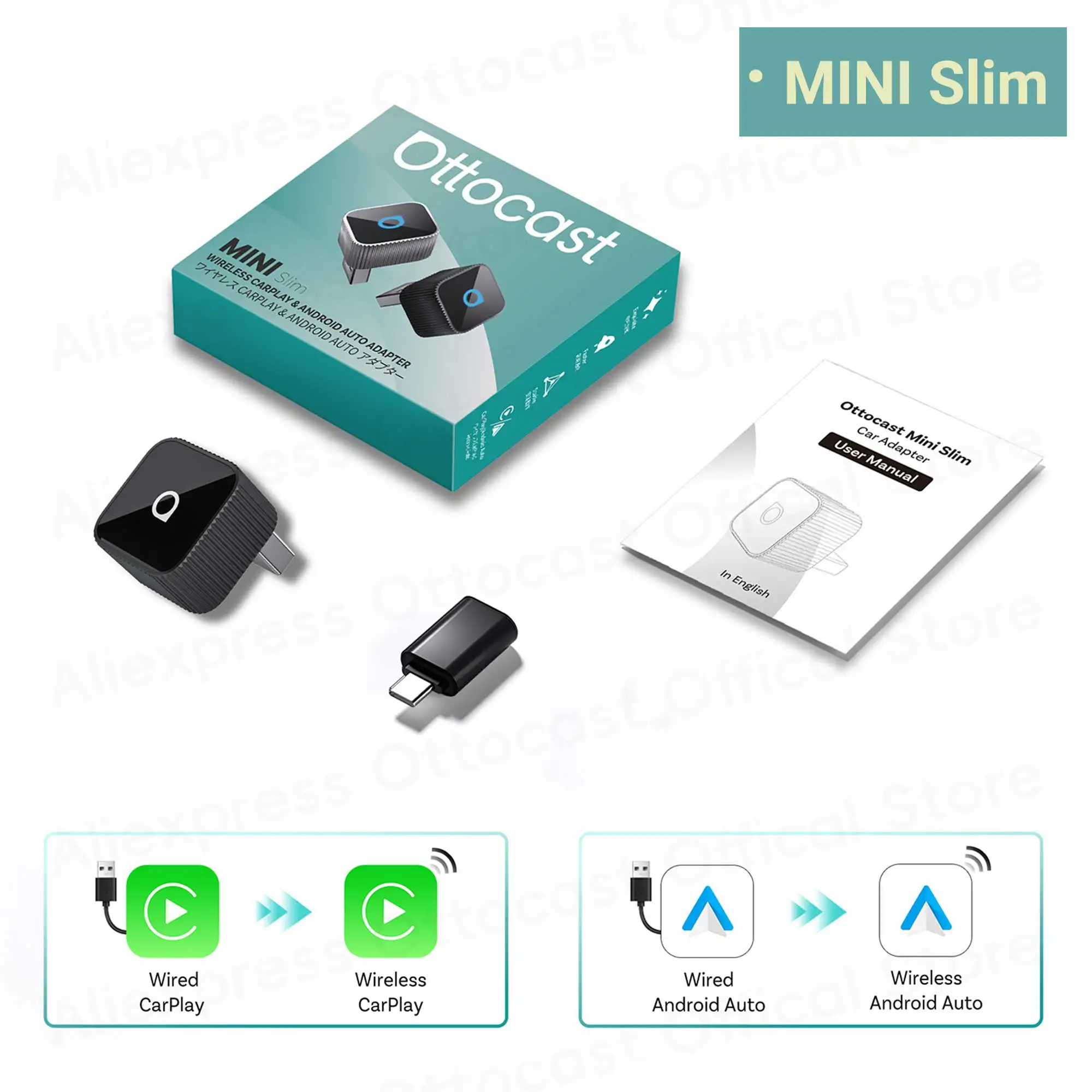 OTTOCAST Mini Slim Cube Draadloze CarPlay Android Auto Adapter 2 in 1 USB AI Auto Accessoires voor VW Haval Audi Kia Porsche Lexus