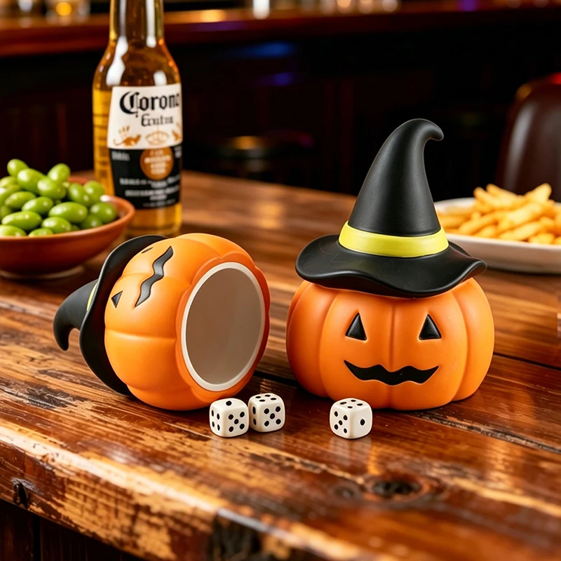 Cute Pumpkin Jack O Lantern Dice Cup with Dices Witch Hat Resin Container Halloween Party Game Prop Desktop Decorative Ornament