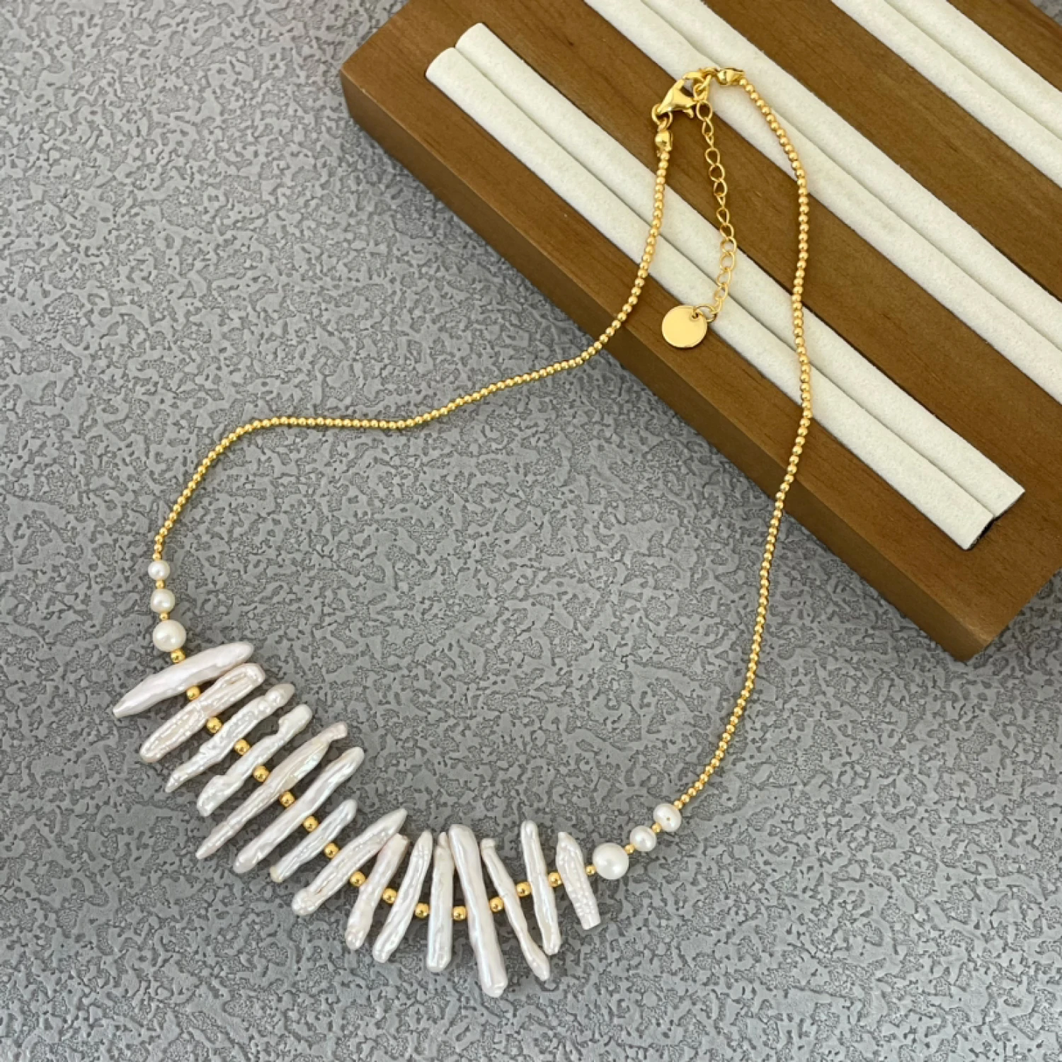 YAJUNIEL Natural Stick Pearl Necklace for Women 24K Gold Plated Ball Chain Hypoallergenic Adjustable Baroque Pearl Choker