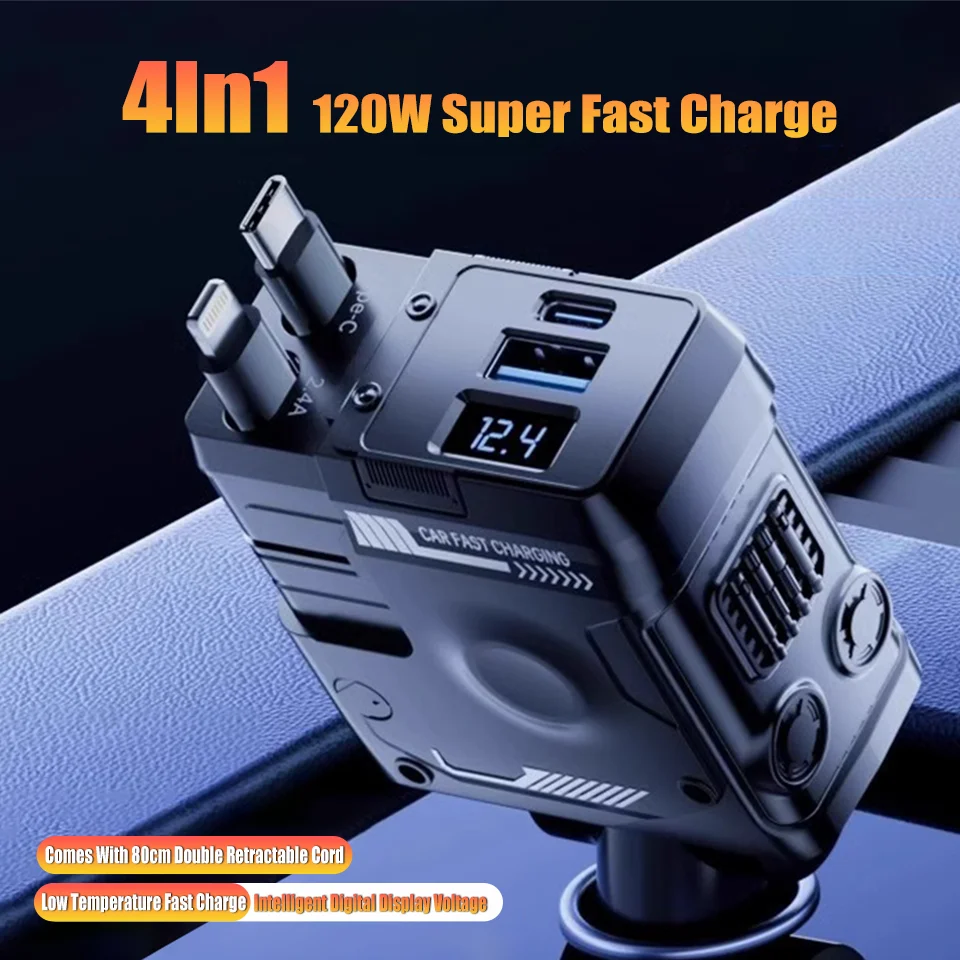 Car Charger 120W Super Fast Charging Flash Charger Retractable Cable Mechanical Wind Curtain Display 4-in-1 Cigarette Lighter