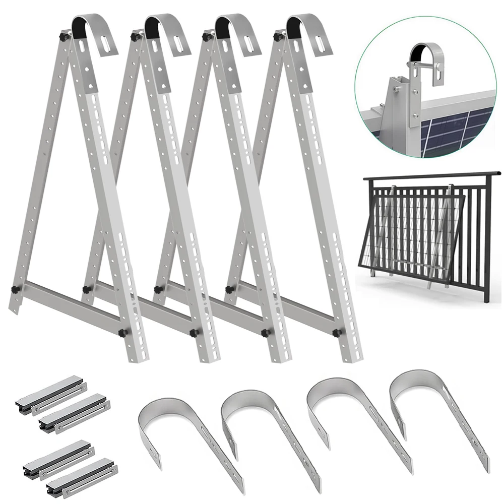 4X zonnepaneelbeugel 114CM met ronde haken voor 2 modules PV zonnepaneelbevestiging balkonkrachtcentrale reling 0 ° -90 ° Balkon zonnepaneel montage