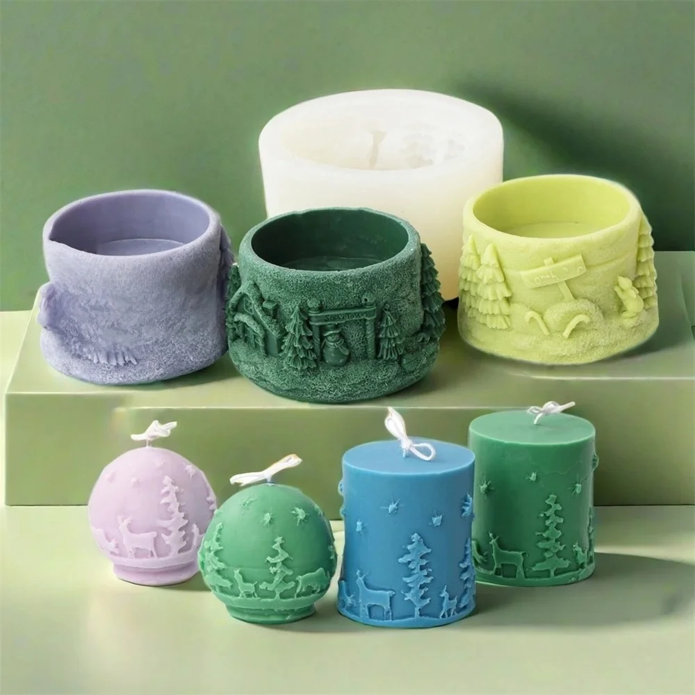 3D Christmas Relief Pillar Silicone Candle Mold DIY Christmas Scene Candle Holder Scented Candle Jar Concrete Gypsum Making Mold