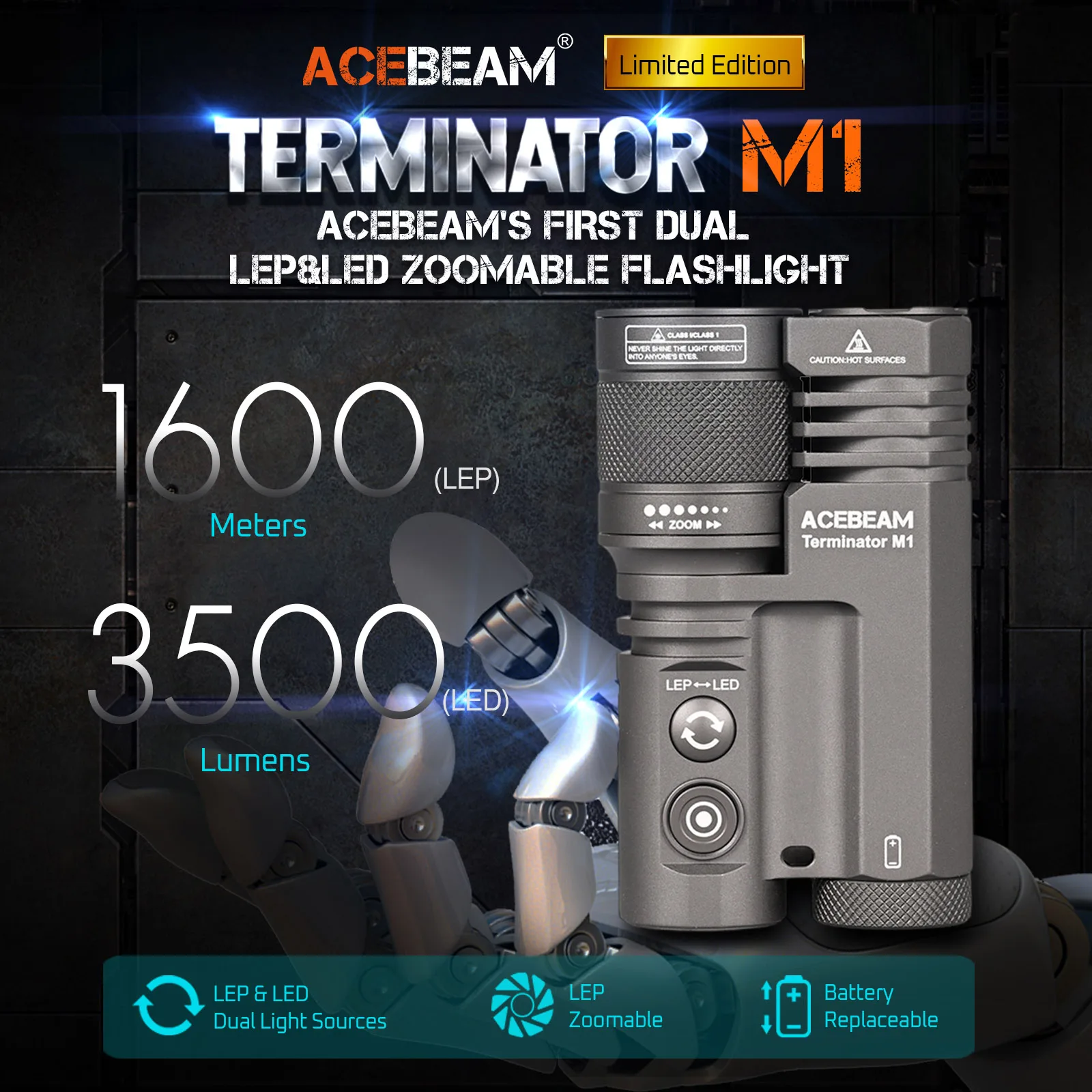 ACEBEAM Terminator M1 LED(Floodlight) & Zoomable LEP(Spotlight) Flashlight 1750 Yards Ultra Long Throw 3500 Lumens Flashlights