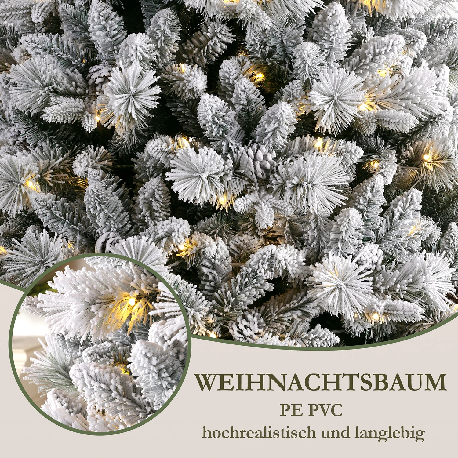 210 cm großer weißer Schnee-Kunstkerbaum mit 350 warmweißen LEDs, 1348 Spitzen, PVC + PE, Metallständer, faltbarer, einfach zu montierender Baum – Detail 1