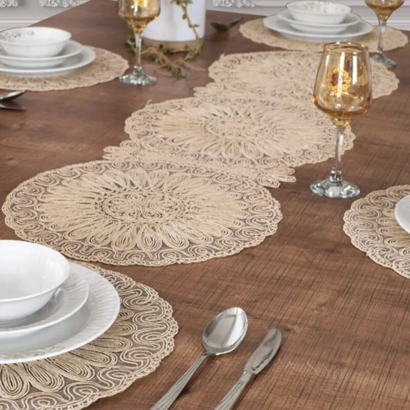 Placemat Table Top And Runner Set 6 Person Set Embroidered Beige 7 Pieces Dowery Table And Presentation Set Venezi Beige Color