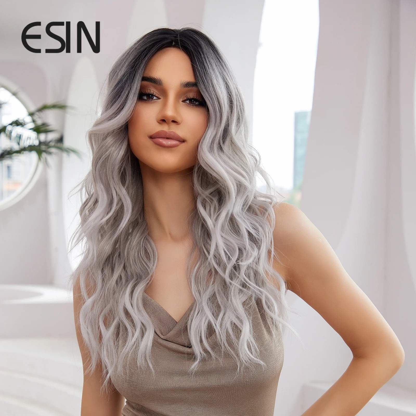 ESIN Synthetic Hair Long Water Wave Ombre Dark Root to Grey Color Middle Part Wigs for Women Natural Party Heat Resistant