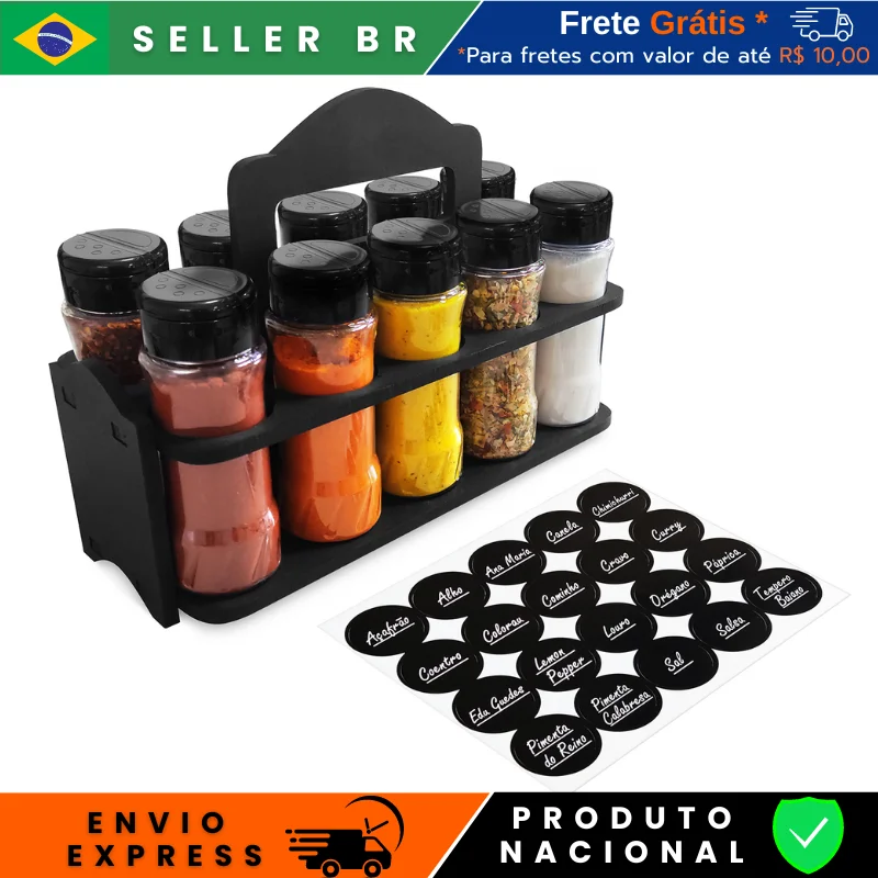 Porta Tempero E Cafeteria, Tampa Dosadora Dual Organiza Cozinha e Dispensa, 10 Potes, 130ml