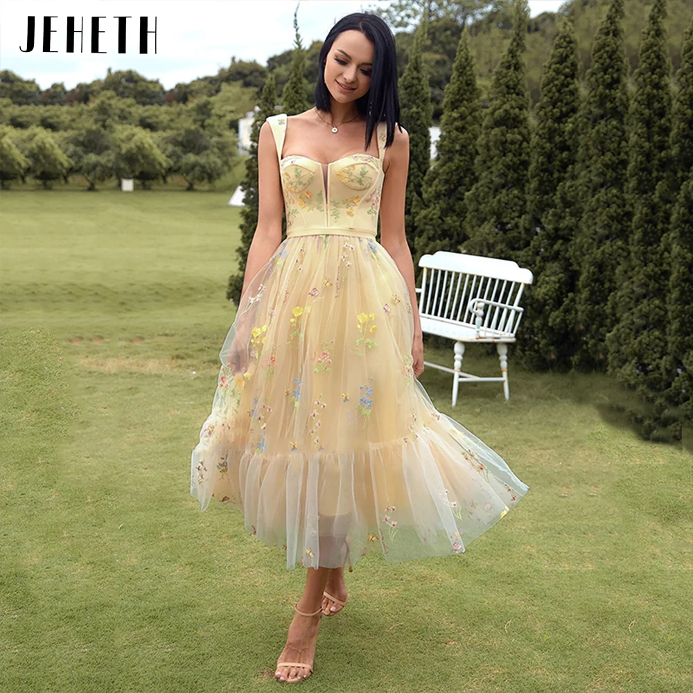 Jeheth Baby Geel Borduren Bloemen Tulle Prom Dress Fairy Sweetheart Backless Spaghettibandjes Avond Party Gown Thee Lengte