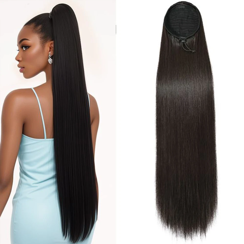 Synthetic Long Straight Ponytail 28“ Synthetic Drawstring Ponytail High Temperature Clip in Hair Pony tail for Black Women