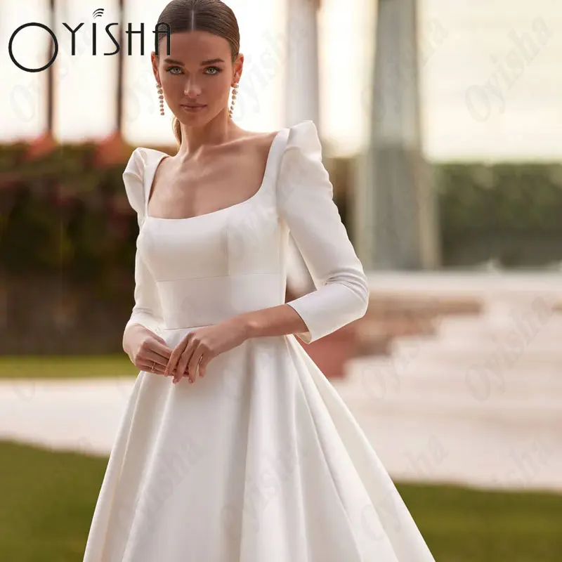 OYISHA Square Collar A-Line Wedding Dresses Elegant Long Sleeves Satin Classic Bridal Gowns For Woman Simple Vestido De Mariages