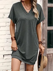 Plus size women's summer simple and fashionable solid color small v-neck straight knee-length sports style versatile basic dress