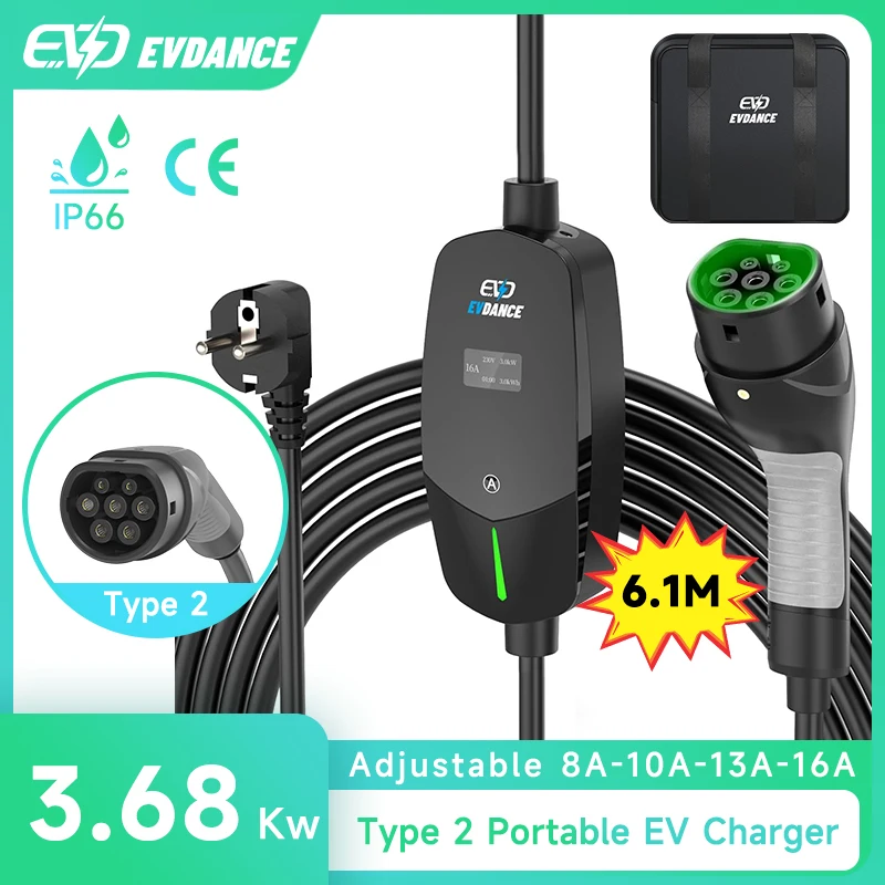 Type 2 Portable EV Charger 3.68Kw 16A  Adjustable Electric Vehicle Charger EU/UK Plug Controller Wallbox for Electric Car