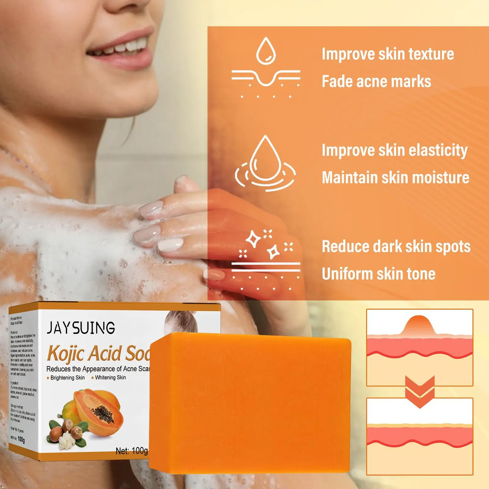 Jaysuing 100g Kojic Acid Skin Lightening Soap Bleaching Exfoliating Dilute Acne Pimple Dark Spot Remover Brightening Body Soap