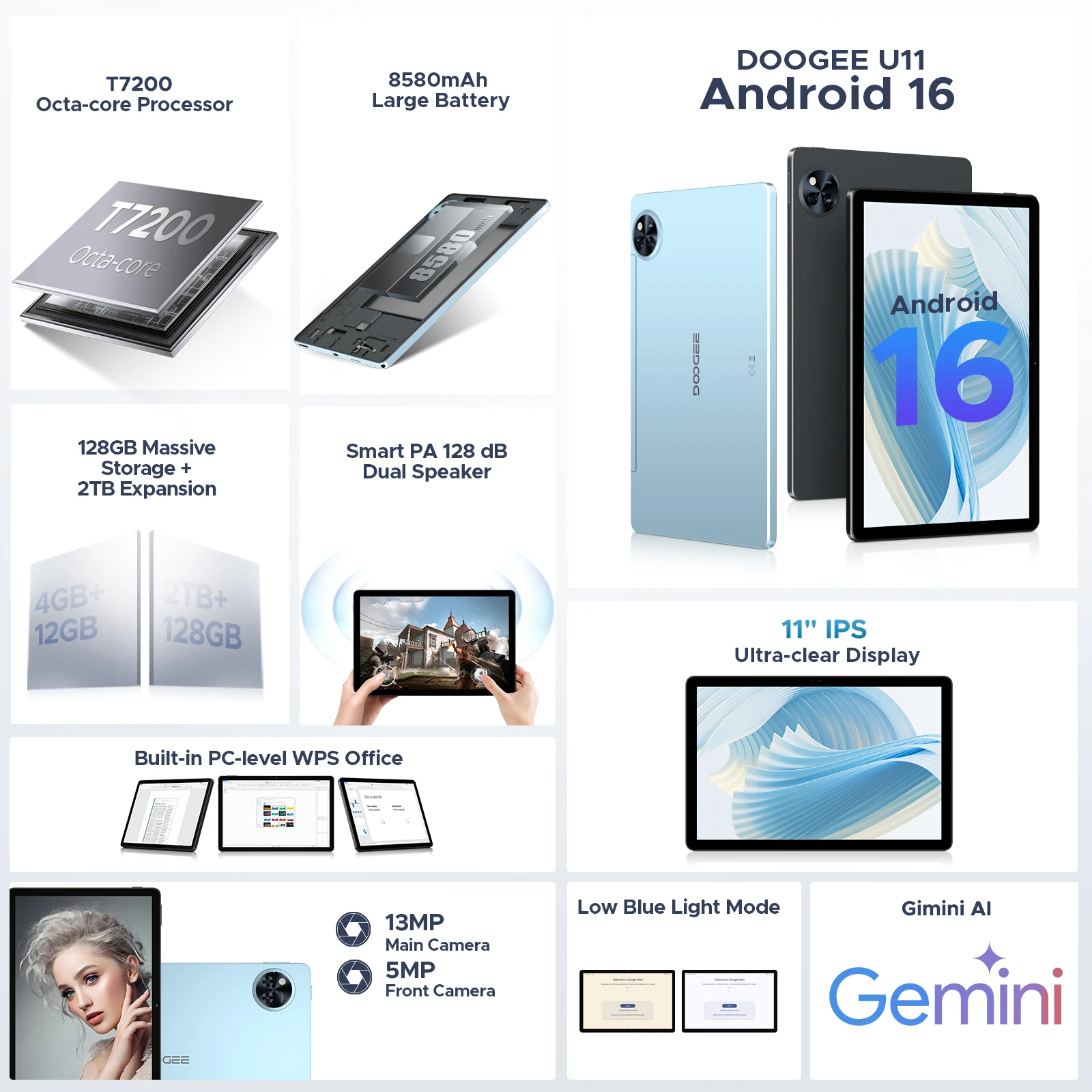 DOOGEE U11 Android 16 Tablet 11 شاشة فائقة الوضوح 90 هرتز وذاكرة وصول عشوائي 4 جيجابايت وذاكرة قراءة فقط 128 جيجابايت وبطارية 8580 مللي أمبير في الساعة مكبر صوت مزدوج يدعم Widevine L1