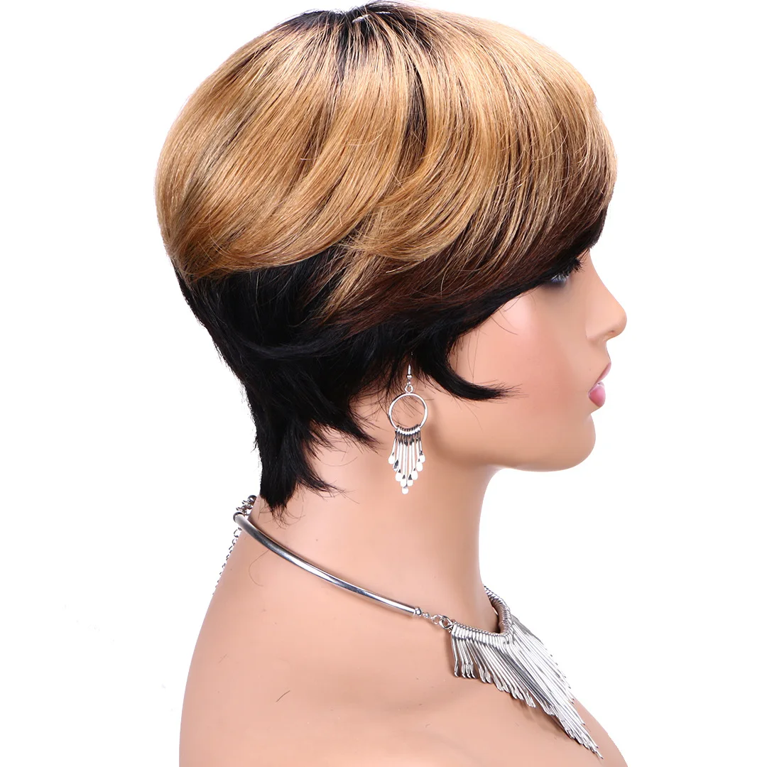 Peruka z krótkim fryzura Pixie peruka z ludzkich włosów peruki proste peruki z grzywką w pełni maszynowe ludzkie włosy dla kobiet czarno-Ombre w trzech kolorach