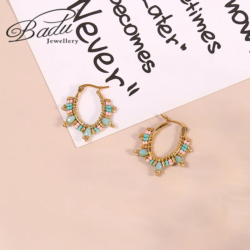 2023 New Fashion Boho Oval Hoop Earring for Women Statement Handmade Beaded Stainless Steel Jewelry Gifts Brincos