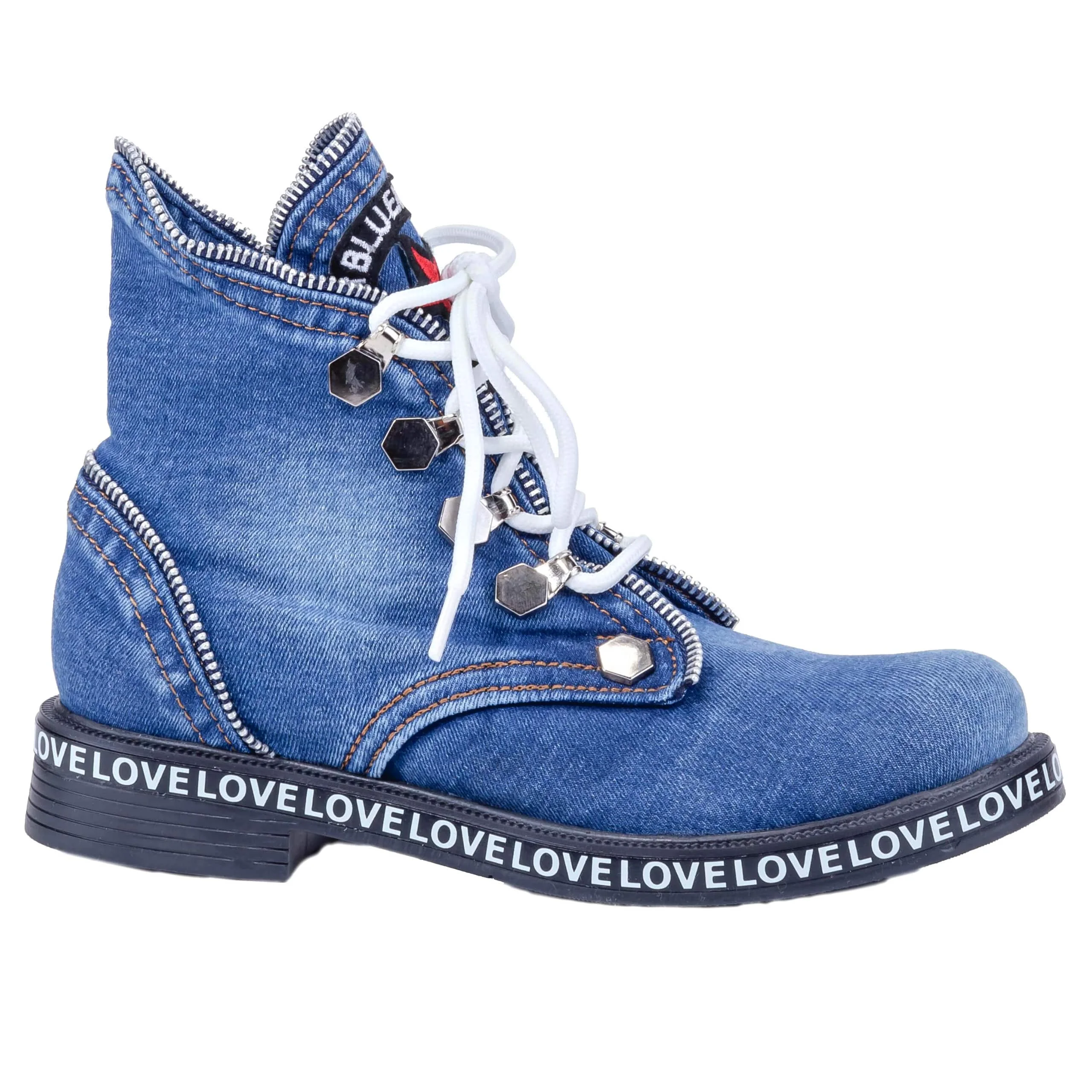 Jeans Shoes Handmade Blue Denim Boot Lace-Up Stone Women's Sneakers Birthday gift for your love