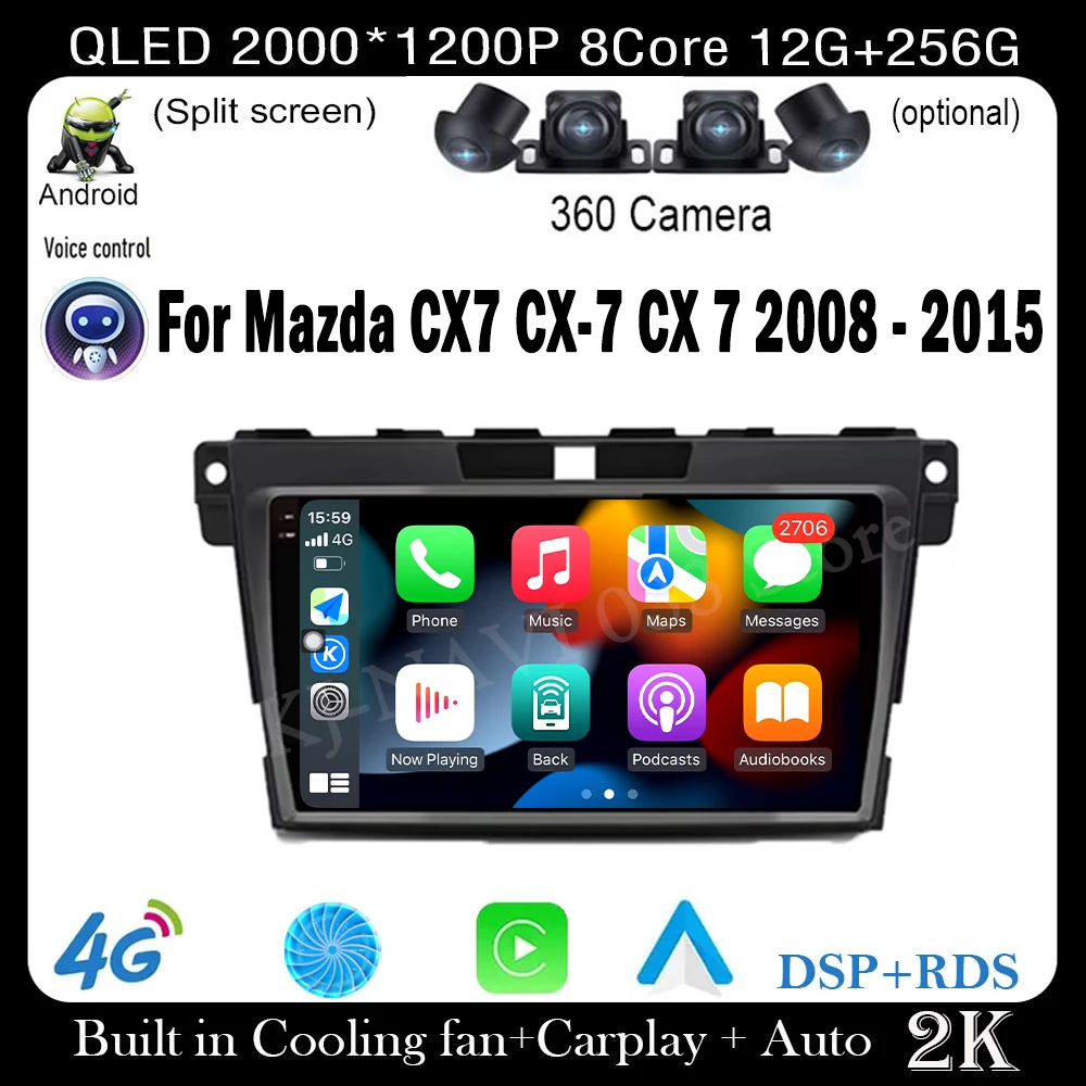 QLED Android 14 Car Radio For Mazda CX7 CX-7 CX 7 2008 - 2015 Car Multimedia Navigation GPS Video Carplay Auto BT RDS Stereo