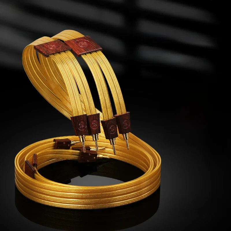 Hi-End Gold Ribbon Serie Een Paar Hifi Speaker Audio Kabel Occ Verzilverd Met Banaan Y Plug Kabel Voor Versterker Speaker - afbeelding 2