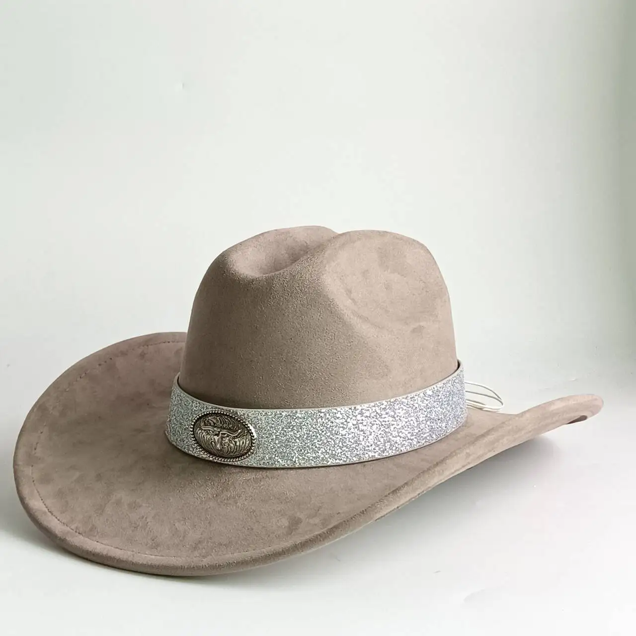 Women\'s Felt Cowboy Hat with Metal Bull Hatband Wide Brim Sun Protection Faux Leather Cowboy Hat, Wide Brim Ranch Style, Vintage  main image 4