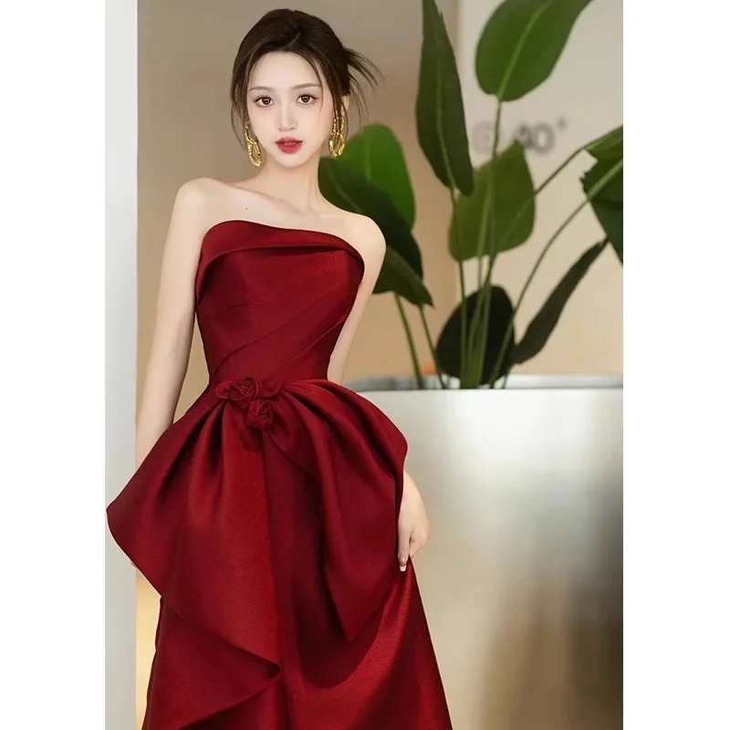 Wine red toast dress bride engagement evening dress petite wedding homecoming satin female