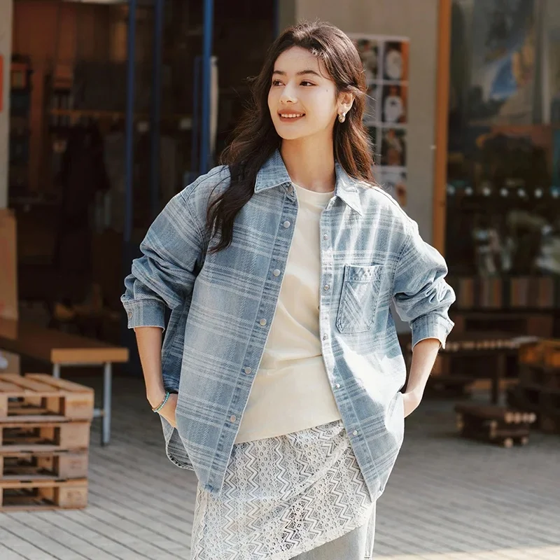 Semir Denim Shirt Women Oversize Spring 2025 Nowa wiosenna bluzka w kratę Kurtka w kratę — zdjęcie 2