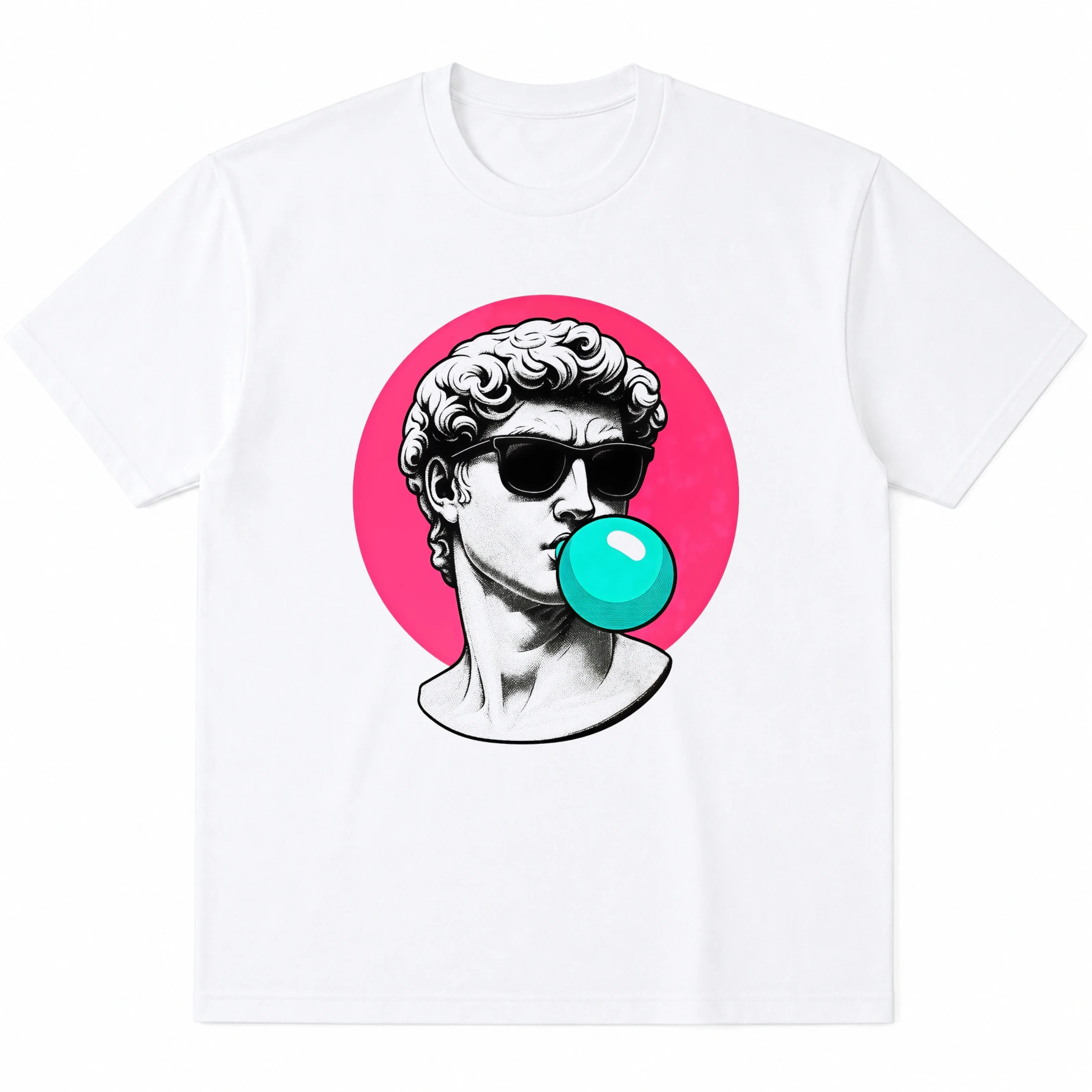 T-shirt unisex Alie White con stampa della Statua di David, occhiali e gomma da masticare in stile pop art, in cotone, a maniche corte.