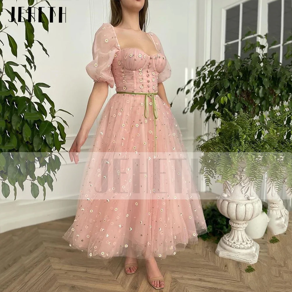 

JEHETH Pink Daisy Tulle Sweetheart Prom Dress Pastoral Princess Puff Sleeves Backless A Line Evening Party Gown with Pockets