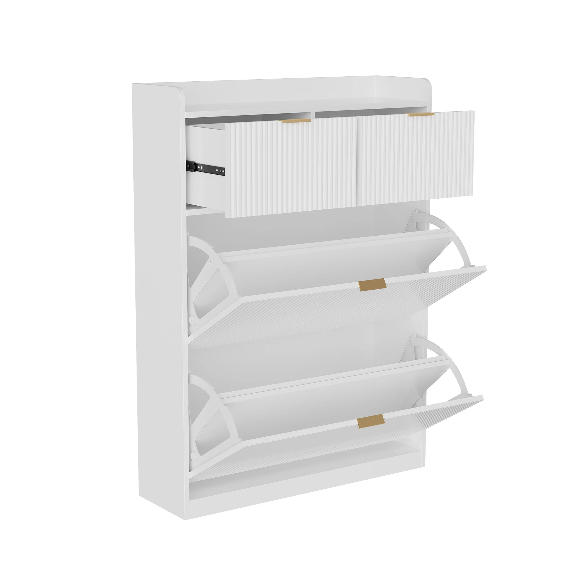 Geriffelter Schuhschrank mit 2 Klappschubladen und 2 Schubladen mit Griffmulden, moderner Eingangsschrank mit goldenen Griffen, schmaler Schuhorganizer für Wohnzimmer, Flur und Schlafzimmer – Detail 6