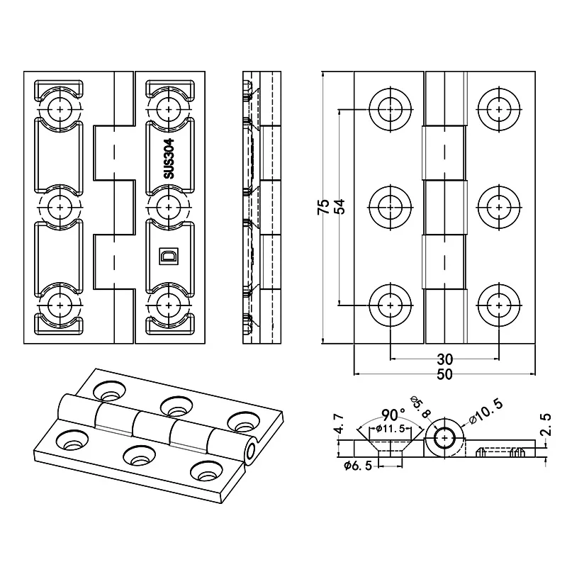 Polished Heavy-Duty Hinge for Industrial Equipment Cabinet Doors Thickened with Baking Door Bearings Folding Design