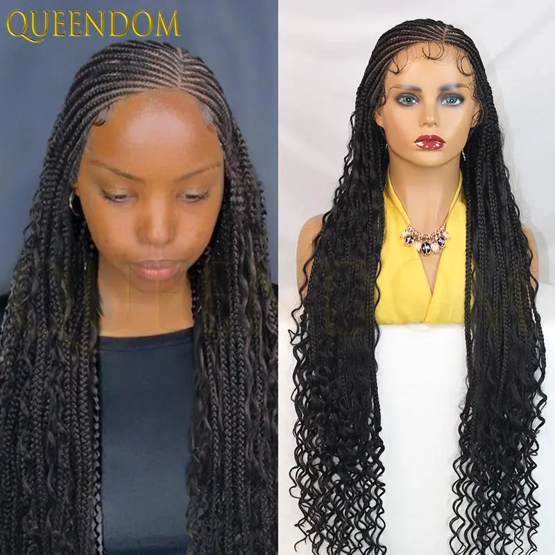 

36'' Side Part Full Lace Braided Wigs Synthetic Glueless Wig for Black Women Goddess Box Braid Faux Locs Wear and Go Cornrow Wig