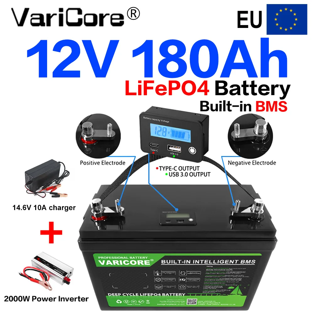 VARICORE 12.8V 180Ah LiFePO4-batterij, Deep Cycle, ingebouwde BMS en LCD-display, voor zonne-energie, campers, boten, off-grid noodstroomvoorziening