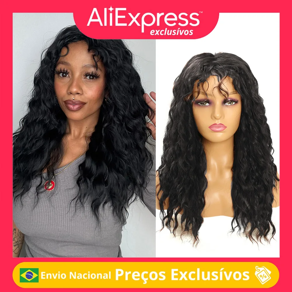 Peruca peruca fibra orgânica premium cacheado máquina completa feita ondas natural preto natural 55cm 230g + touca peruca beatriz