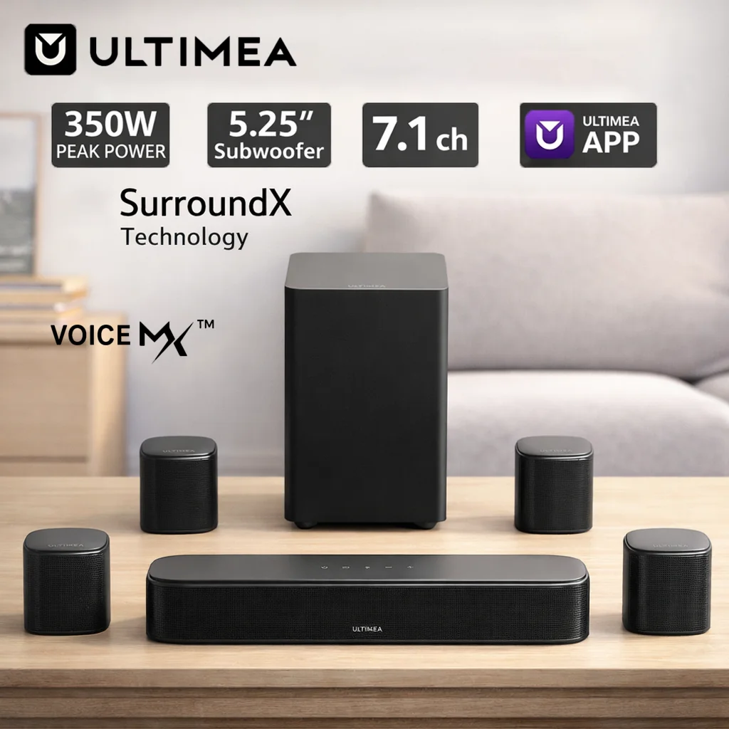 ULTIMEA Aura S4T 350W 7.1-Kanal Soundbar-Set für TV mit Subwoofer, 4 Surround-Lautsprechern & Montagehalterungen, Heimkino-Surround