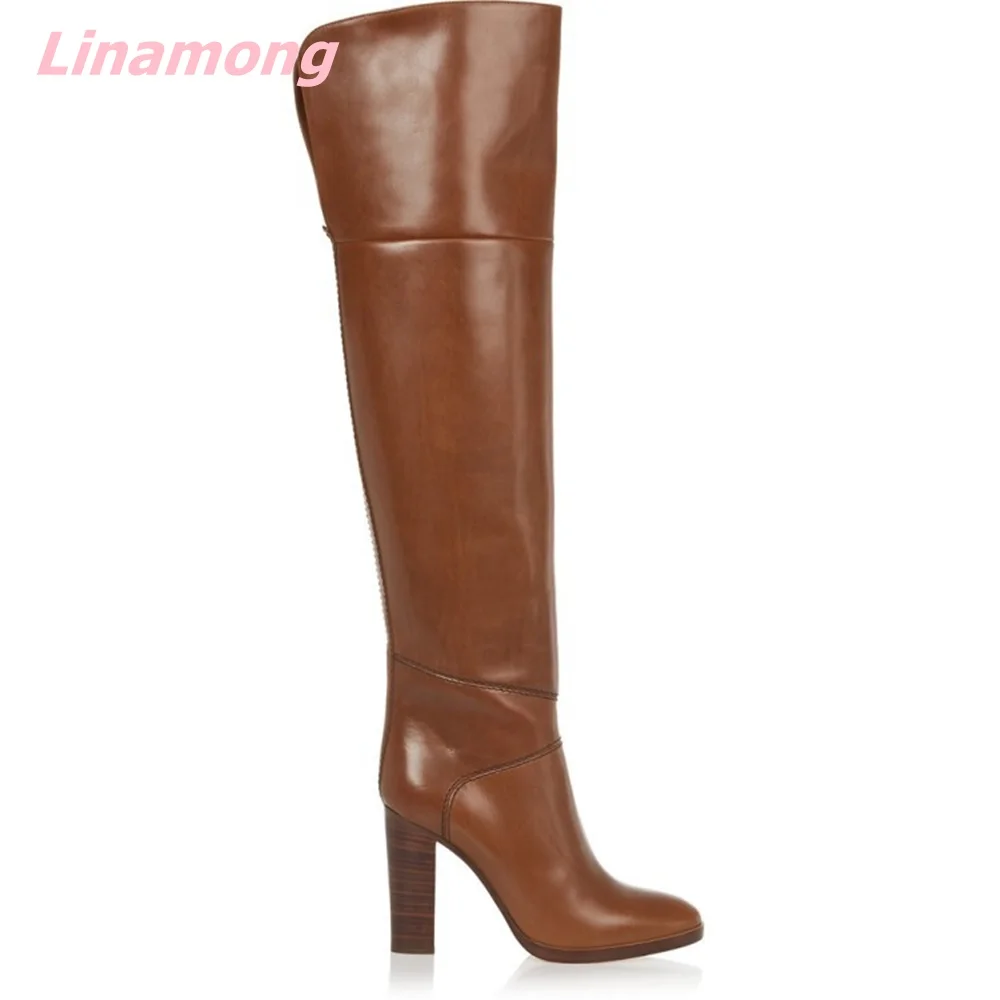 New Brand Design Women Over Knee Boots Solid Pointed Toe Leather Sexy Slip On Square High Heel Comfortable Catwalk Office Shoes