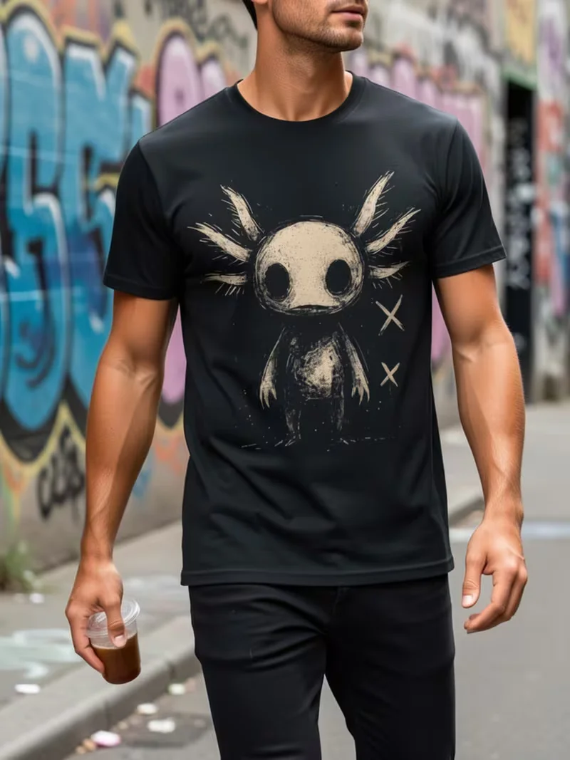 Dark Gothic Axolotl Sketch Graphic T‑Shirt, Creepy Vintage Salamander Monster Art Short Sleeve Tee for Men Women