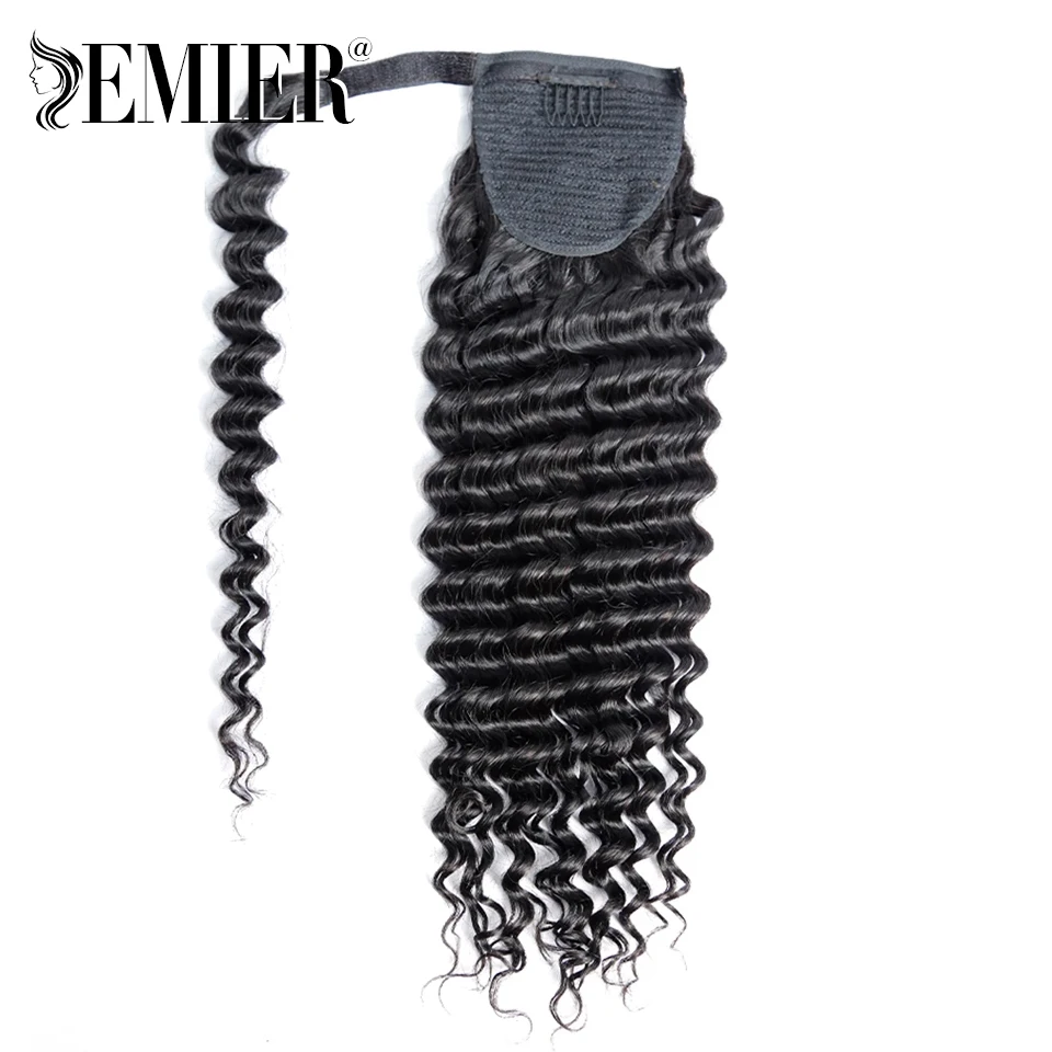 Full end 12”-26” Deep Wave Curly Wrap Around Ponytail Natural Black  Brazilian Remy Clip In Human Hair Drawstring Ponytail