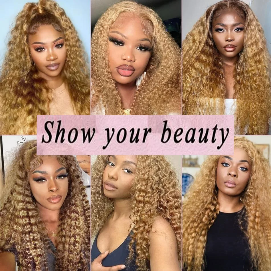 Wiggogo #27 Honey Blonde Lace Front Wig 13X6 Deep Wave Frontal Wig Curly 100% Human Hair 13X4 Colored Preplucked Brazilian Wig image 5