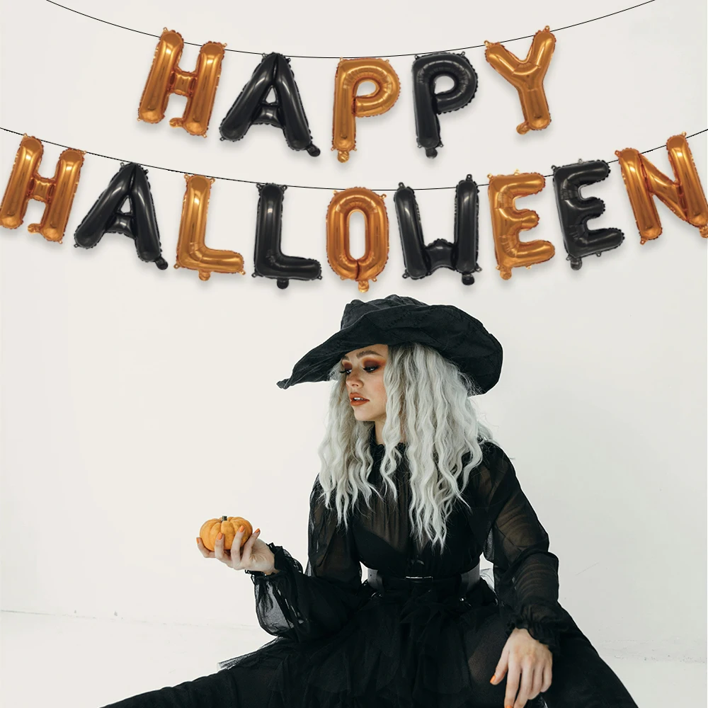 

16 Inch Happy Halloween Balloons Banner 14 PCS Black Orange Color Letter Foil Balloons for Halloween Party Decorations Supplies