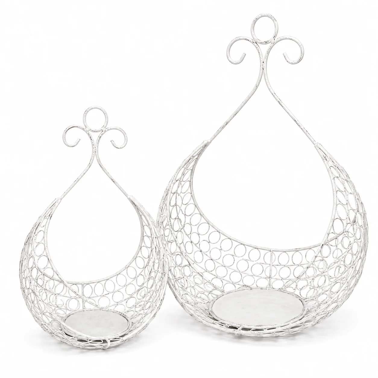 Set of 2 Vintage Iron Flower Baskets, Large and Small Openwork Metal Planter Holders, Farmhouse Garden Decor, White or Black