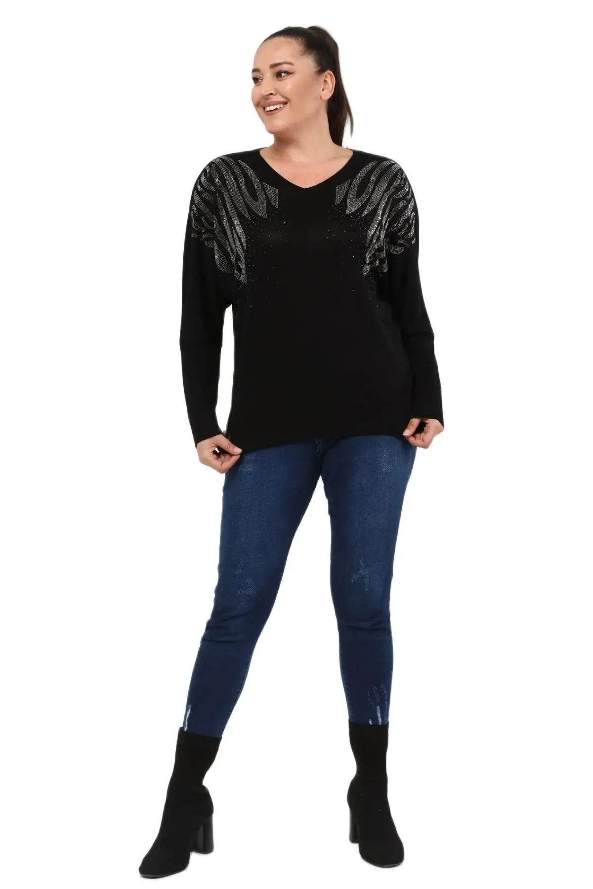 Women’s Plus Size Black Blouse V-Neck Bat Arm Silver Stone Detail, Designed and Made in Turkey, New Arrival