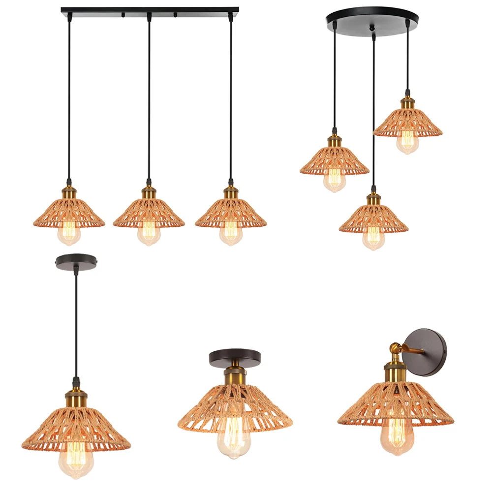 

Vintage Hemp Rope Pendant Light Restaurant LED Hanging Lamp Industrial Ceiling Chandelier Edison Bulb Home Decor lampara techo